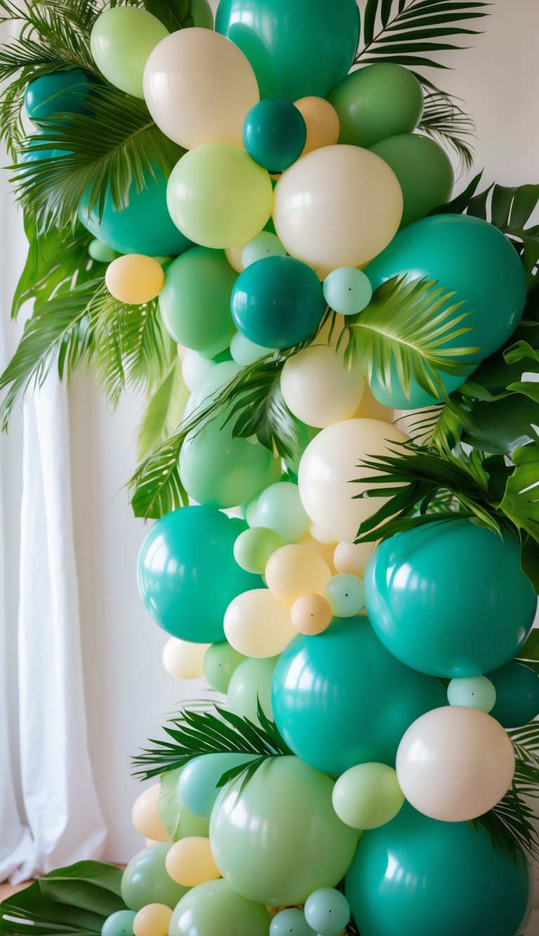 A colorful balloon garland decorated with palm leaves and tropical greenery.